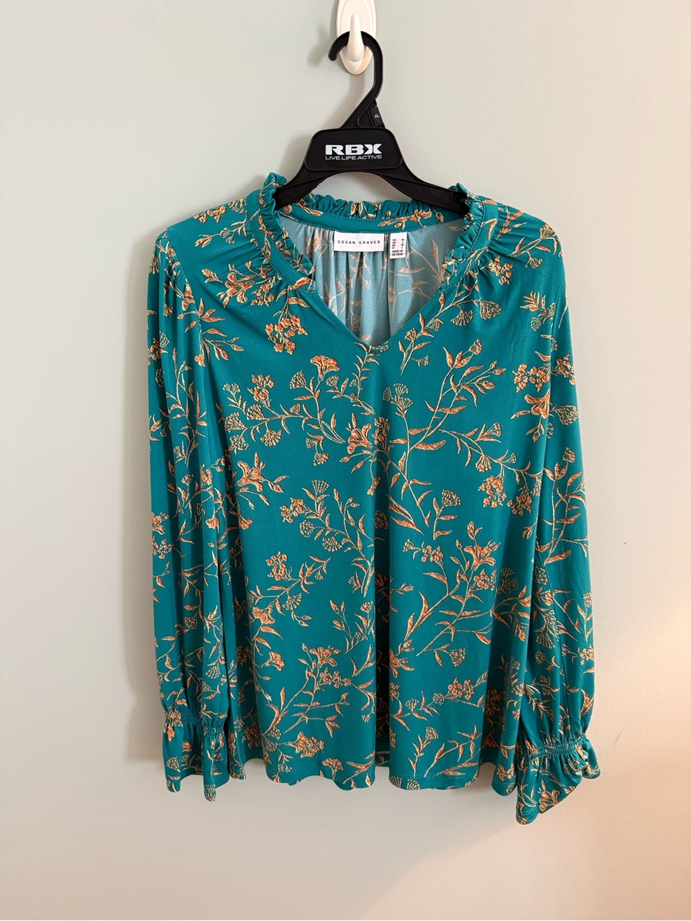 Susan Gravers beautiful Teal Botanical V-Neck Long Sleeve Blouse